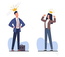 Narcissistic people, man and woman praised and proud of themselves, confidence egocentric attitude. Narcissist business