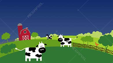 Loopable animation presents the transition from day to night on a farm