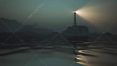 Lighthouse light spinning around. Tall tower standing on the coastline