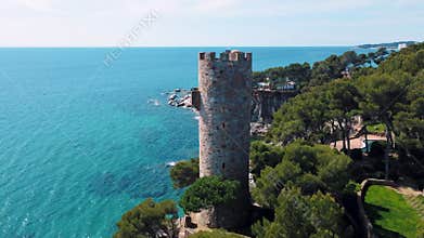 Aerial view of old abandoned castle near Palamos beach on Costa Brava Catalonia