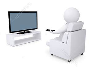 3d white human sitting in a chair and watching TV