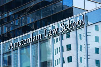 Amsterdam Law school logo sign on the school building.