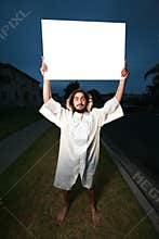 Crazy man with white billboard