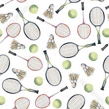 Hand drawn watercolor sports gear equipment, tennis and badminton racquet, ball and shuttlecock. Illustration isolated