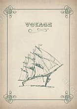 Vintage sailboat retro border drawing on old paper