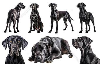Black Great Dane dog puppy, many angles and view portrait side back head shot isolated on transparent background cutout, PNG