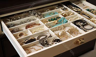 A drawer with compartments for jewelry ready for presentation in a jewelry store.