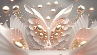 3d render, abstract background with white paper angel wings and golden balloons