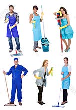 Professional cleaners with equipment