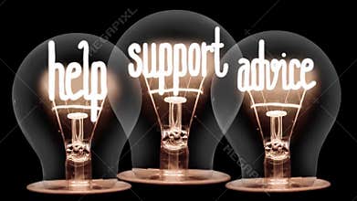 Light bulbs with help, support and advice concept