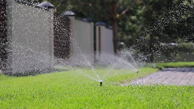 Automatic watering of a green lawn of a private house. Small drops of water glisten on a sunny day. Garden Irrigation