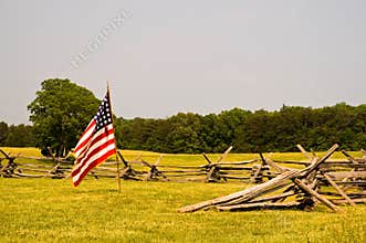 Civil War battlefield and flag