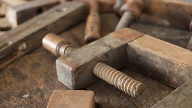 Vintage carpentry or joinery tools on wooden workbench