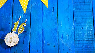 Top view copy space background festive on vintage blue boards with pie and decorations. Background congratulations on your birthd