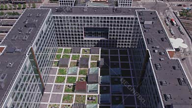 View of the green roofs of the modern office and hotel buildings