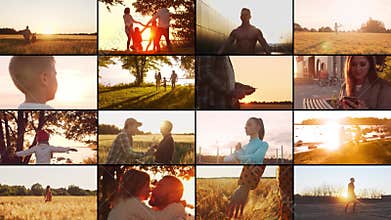 Collage with many different people in a light of sunset. Set collection of many video clips. Sport, relations, family
