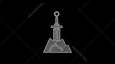 White line Sword in the stone icon isolated on black background. Excalibur the sword in the stone from the Arthurian