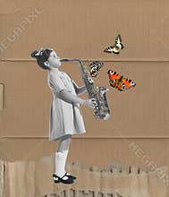 Art collage with cute little girl playing saxophone isolated on grey background. Childhood, education, studying, back to