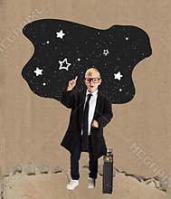 Space exploration. Art collage with cute school age kid isolated on light background. Childhood, education, studying