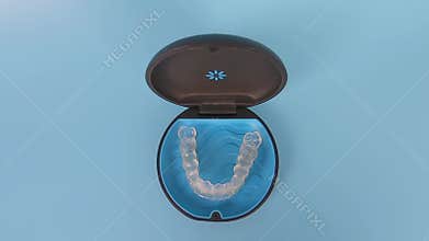 Invisalign braces or invisible transparent aligner on blue background top view