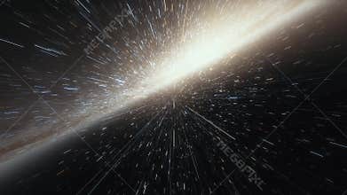 Starship flies at the speed of ligh near the center of the Milky Way galaxy in space. Billions of stars in Andromeda