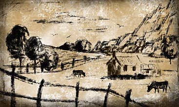 Farm house banner, ink illustration, hand drawn artwork