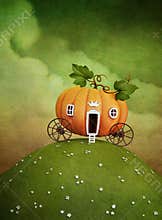 Pumpkin carriage on green hill