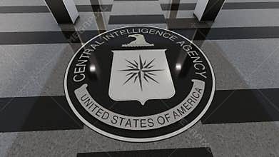 CIA floor logo. President Bush speaks inside the headquarters, March 3, 2005