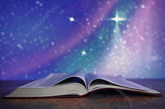 Nativity Of Jesus - Scene With Open Bible Under Comet Star