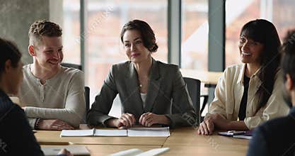 Businesspeople solve cooperation, take part in morning briefing
