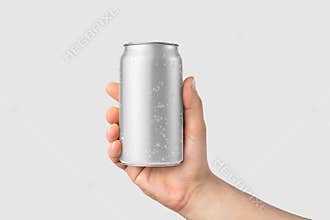 Aluminium drink can 330ml with water drops in a hand mockup template