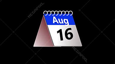 Calendar date page animation flipping from August 1 to 31. Shot in 4k resolution with transparent screen