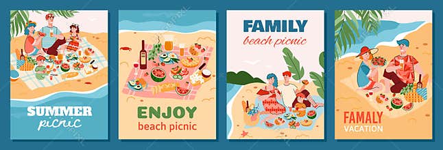 Posters for summer family picnic on the beach, flat vector illustration.
