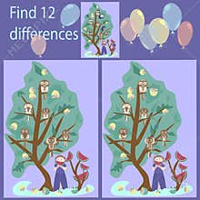 in the Birds on a Tree rebus for children up to 7 years old, find 12 differences