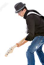 Bassist playing on white background