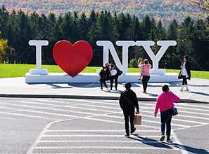 Kirkwood, New York, U.S - October 15, 2022 - Visitors taking pictures near the 'I Love NY' sign