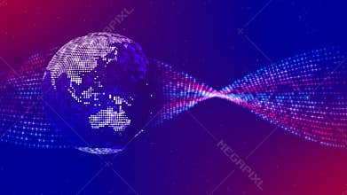 Digital Space Blue Red Shiny Square Dotted Globe World Map Side Of Asia And Australia On Twisted Star Dots Plane Lines