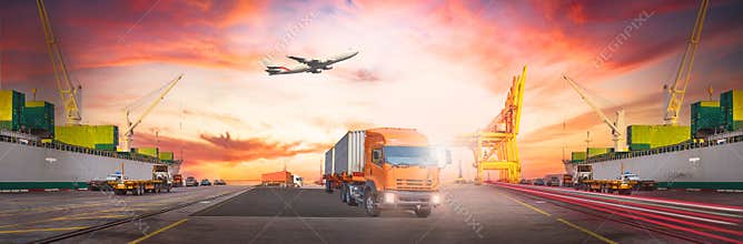 Global cargo shipping, container truck at seaport with vessel discharging cargo, quay crane, container storage yard, and cargo pla