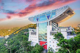 Late sunset over the Peak Tower, a 1997 Hong Kong landmark atop Victoria Peak and one of most iconic nineties architectures