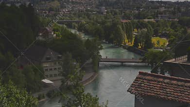 Panoramic video of Bern Switzerland with Aare River bridges and Gurten Hill view from Swiss Parliament terrace