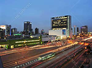 Lima, Peru - March 2019: view of Lima city skyline at night. San Isidro financial district with