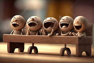 Group of wooden figures with laughing faces sit on bench. Greeting card concept. Ai generative