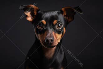 Portrait of a miniature pinscher dog on a black background.