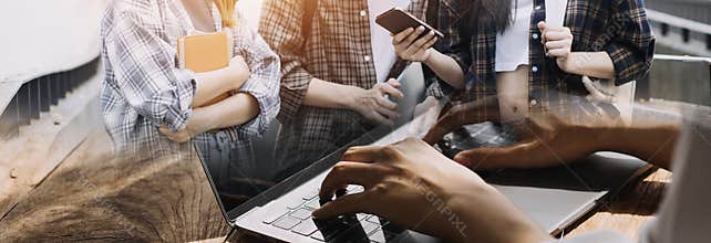 Young adult happy smiling Hispanic Asian student wearing headphones talking on online chat meeting using laptop in university