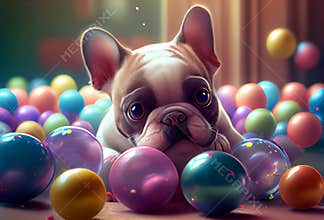 Cute French bulldog puppy, lying on the floor in colorful balloons, cartoon style, background light
