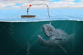 Surreal Monster Fish, Danger, Ocen, Man Takes Bait