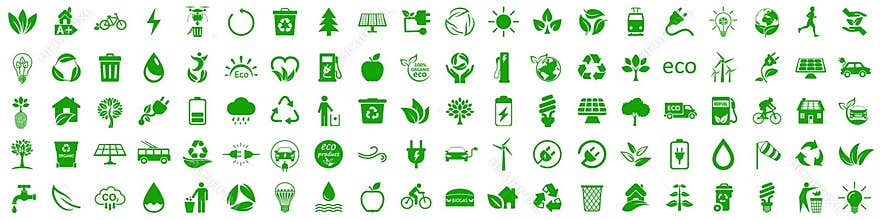 Set of 100 ecology icons. Eco green signs. Nature symbol - vector