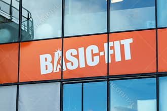 Basic-Fit logo at the soccer stadium gym. Basic Fit is the largest fitness chain in Europe.