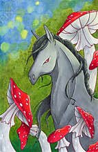 Horse and red mushrooms illustration, child book fantasy hand drawn