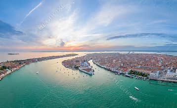 Aerial view of Venice city skyline at sunset, Italy. tourist travel attraction